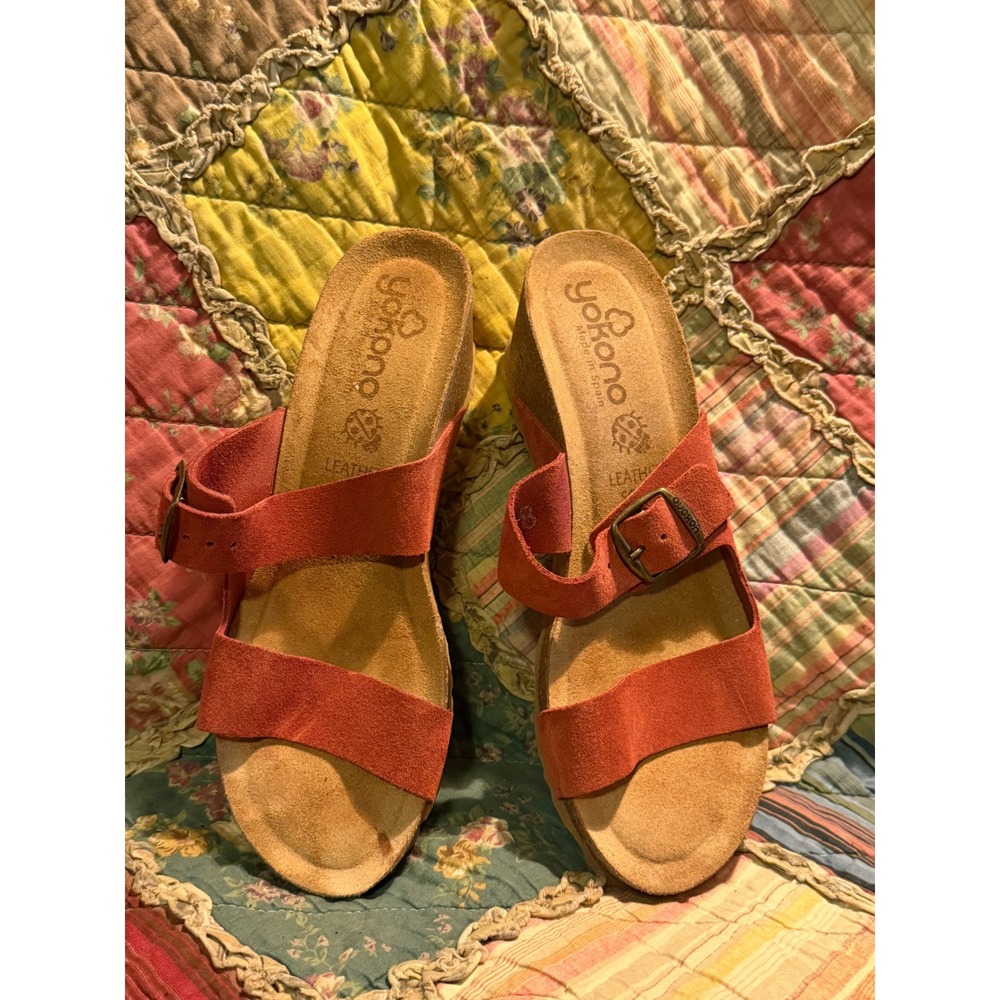 Yokono Red Suede Leather Wedge Sandals Made in Spain Size 8 Buckle Slide